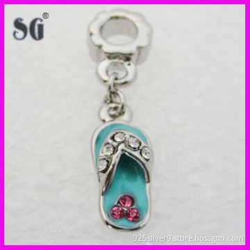 Beautiful light teal enamel silver dangling sandals with clear and pink cz crystals